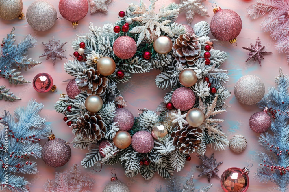 Festive Christmas Wreath Adorned with Red Baubles and Pine Cones on Pink Background Festive Christmas Wreath Adorned with Red Baubles and Pine Cones on Pink Background