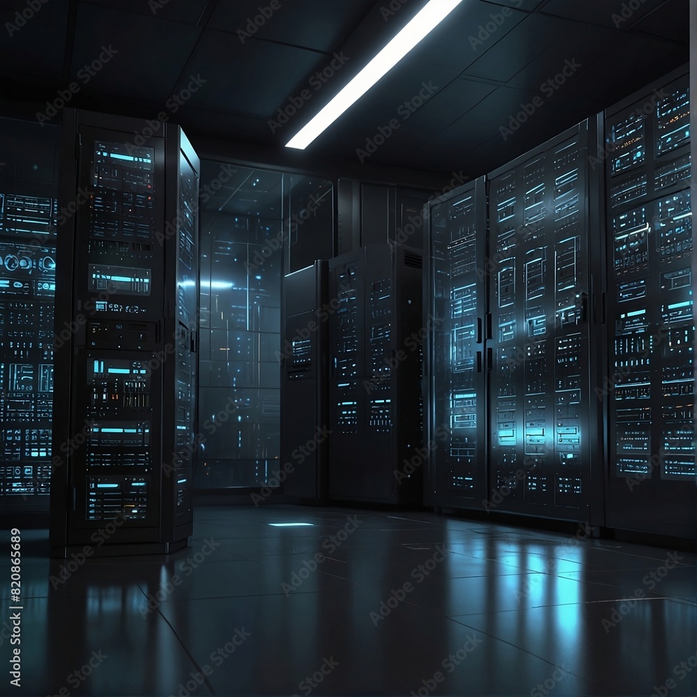 Futuristic Server room blue colour light at background Futuristic Server room blue colour light at background
