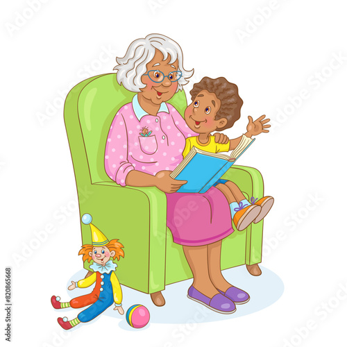 Cute African American grandmother and funny grandson are reading a book while sitting on an armchair. Isolated on white background. Vector illustration.