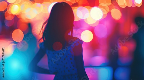 silhouette of woman standing in front of colorful crowd with lights beauty and fashion event