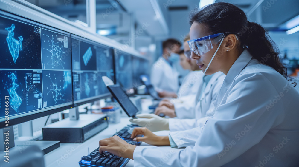 Researchers in white coats programming nanobee behavior on a computer. Researchers in white coats programming nanobee behavior on a computer.