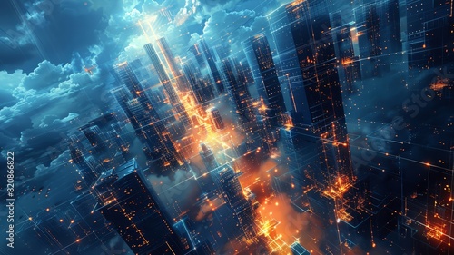 Fiery blues and oranges light up a futuristic abstract metropolis