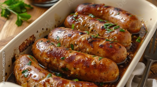 Dish of glazed sausages with a glossy, caramelized coating, garnished with chopped green herbs, possibly parsley