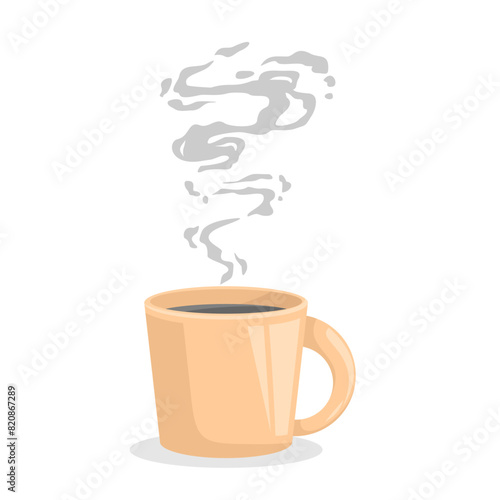 Vector ceramic cup filled with warm coffee with smoke on top, isolated on white background.