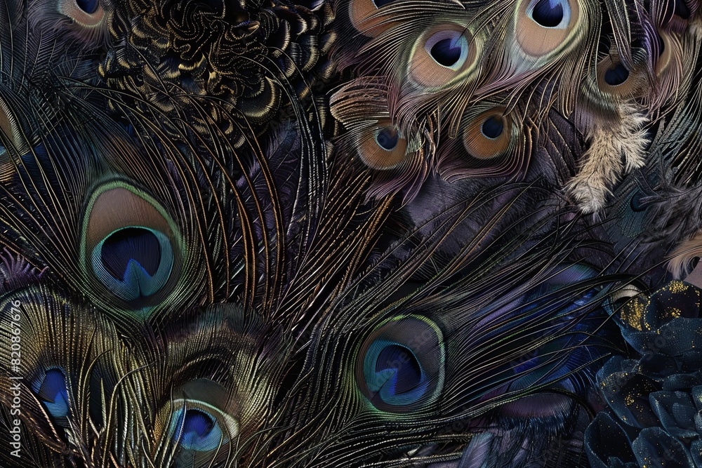 Fototapeta premium Textured background with rich animal themes such as peacock feathers, jellyfish, and animal fu