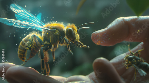 A nano bee interacting with a human hand, highlighting its small size and advanced technology. photo