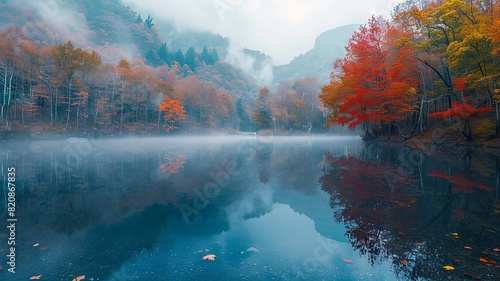 Misty autumn forest reflection in calm lake waters