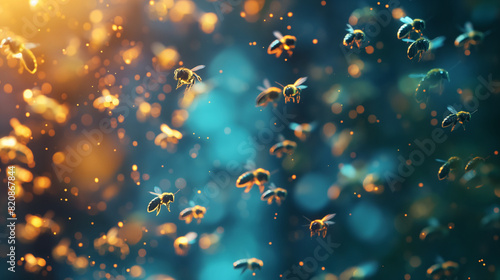 A swarm of nano bees flying in formation, their bodies reflecting light.