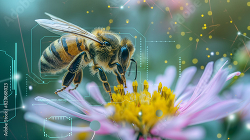 Nano bee with AI sensors scanning a flower with augmented reality data overlays.