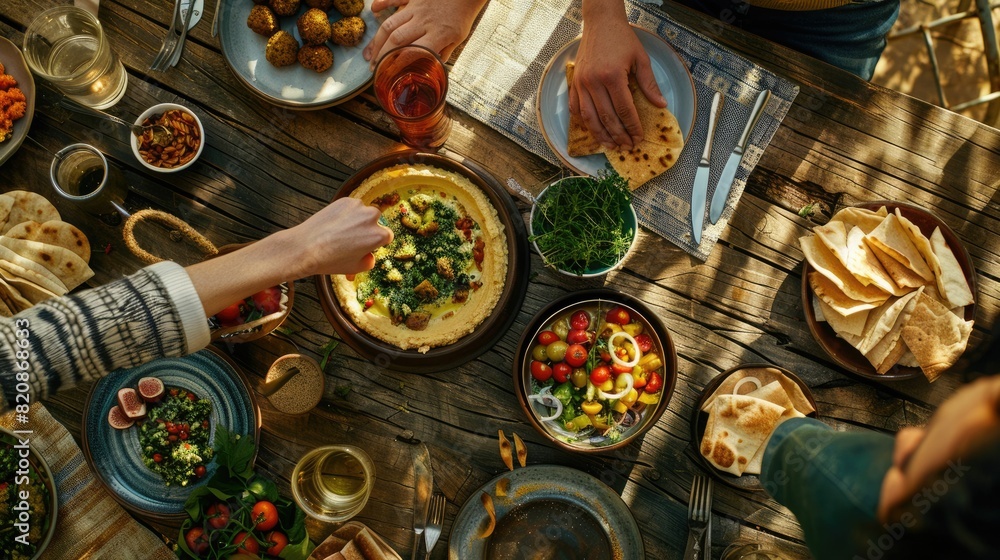 A variety of dishes showcasing different cuisines and ingredients are displayed on the table, highlighting the art of food preparation using natural foods and produce AIG50