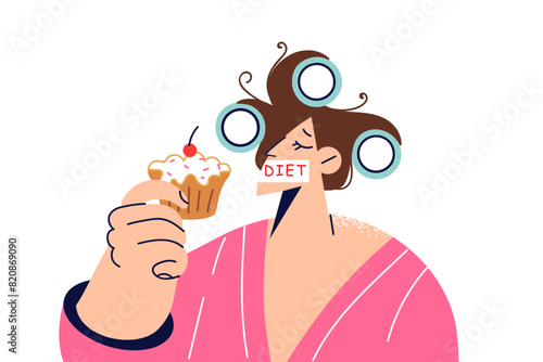 Woman is going to break diet by eating sweet dessert with lot of fat and carbohydrates