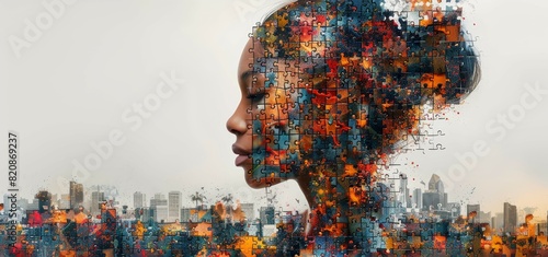 A profile of the human head with colorful puzzle pieces forming an intricate pattern, symbolizing mental health and psychic connection © Photo And Art Panda