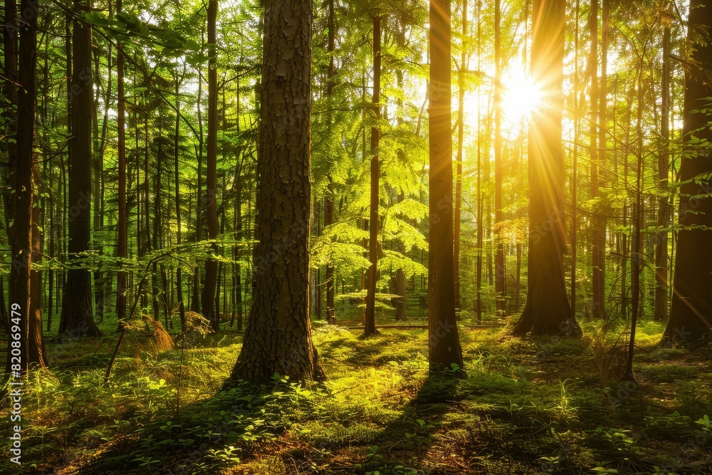 Obraz premium Enchanted Forest with Sunlight Filtering Through Trees: A Serene Woodland Landscape