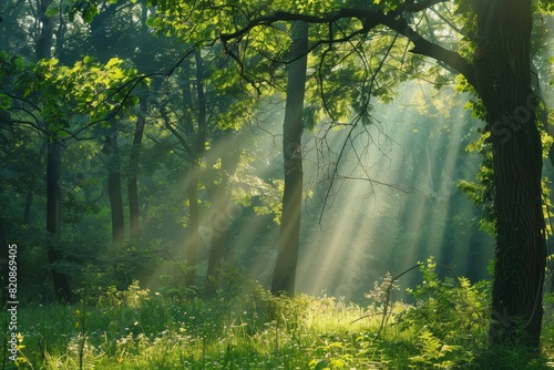 Enchanted Forest with Sunlight Filtering Through Trees  A Serene Woodland Landscape