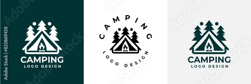 Simple camping logo with tent shape, tree and fire. camping outdoors nature adventure sign or symbol for travel tourism. Vintage summer camping logo.