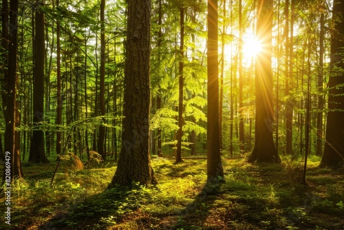 Enchanted Forest with Sunlight Filtering Through Trees  A Serene Woodland Landscape