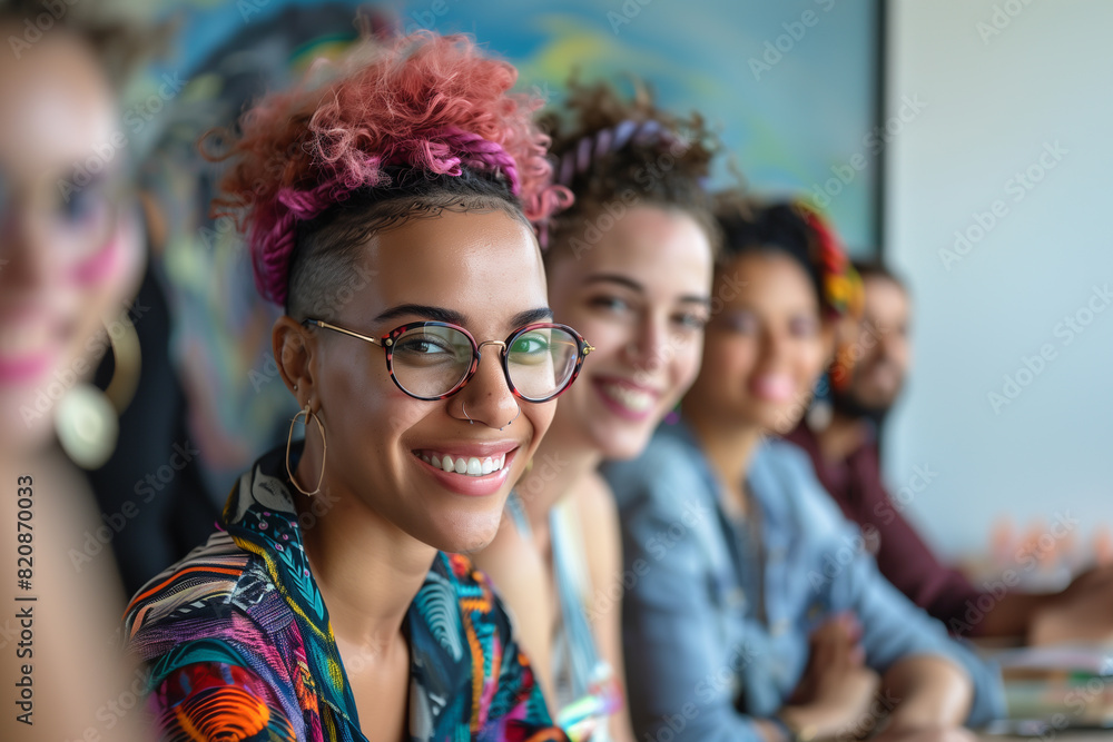 Portrait of LGBTQ WOMAN from various countries smiling in a meeting room, headshots capturing their diverse backgrounds and cultures Portrait of LGBTQ WOMAN from various countries smiling in a meeting room, headshots capturing their diverse backgrounds and cultures