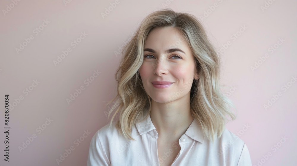 Obraz premium Portrait of a blonde woman against a pastel background