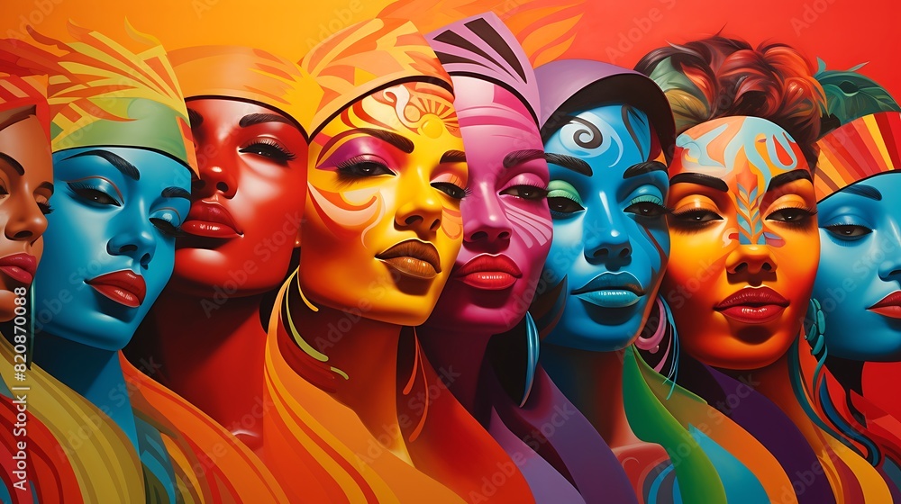 Obraz premium Cultural Mosaic: An Eclectic Blend of Colors Intertwining to Form a Woman's Face
