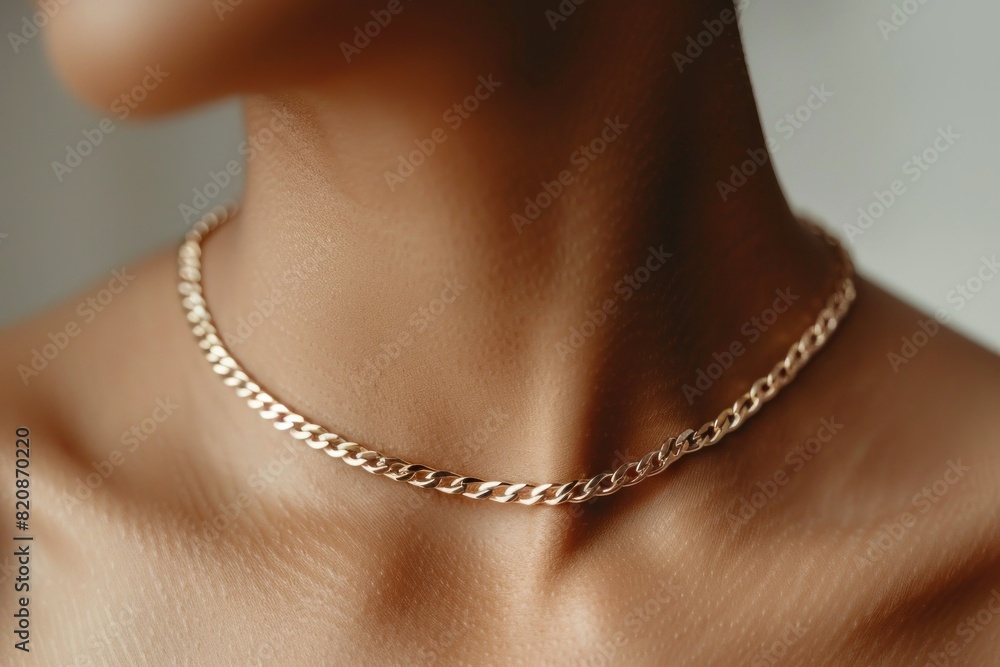 Closeup of woman's neck with gold chain and necklace, elegant and stylish jewelry accessories for fashion and beauty shot