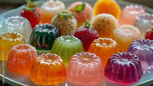 A colorful assortment of fruitflavored jellies displayed on a plate, photo