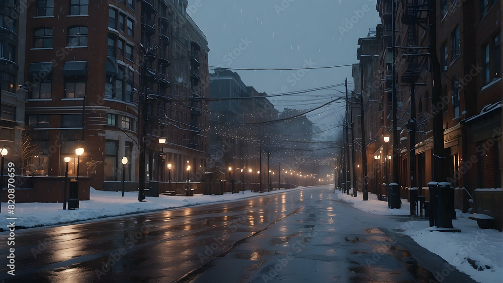 A tranquil city scene captures a snowy evening with lights creating a cozy atmosphere The street is wet and reflective, enhancing the ambient lighting