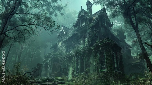 A dense forest surrounding a Gothic mansion with a haunting presence, photo