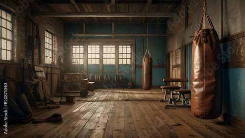 A vintage-style gym with classic boxing equipment, hardwood floors, and aged brick walls, invoking a nostalgic atmosphere