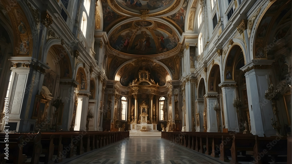 Fototapeta premium Grand image of a church interior featuring rich decorations and an ornate altar highlighting religious art and history