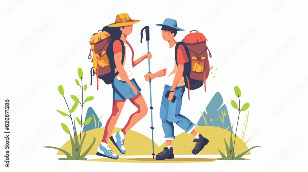 Hikers couple travel with walking poles. Tourists tre