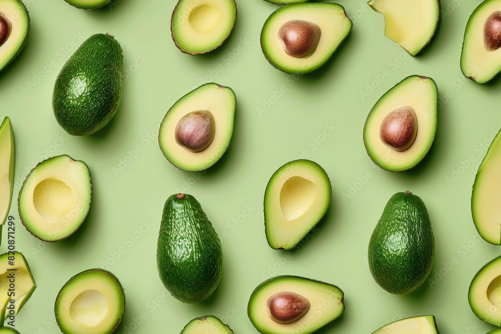 Fresh Avocado Pattern on Light Green Background Fresh Avocado Pattern on Light Green Background