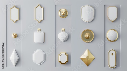 Mockup set of hotel door hangers with empty labels for hotel doorknob rooms, hotel signals for non-disturbing signs, messages on entrance knobs. photo