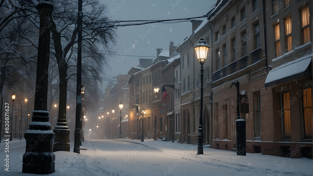 Fototapeta premium A serene winter night with snow covering the streets and vintage street lamps illuminating the way