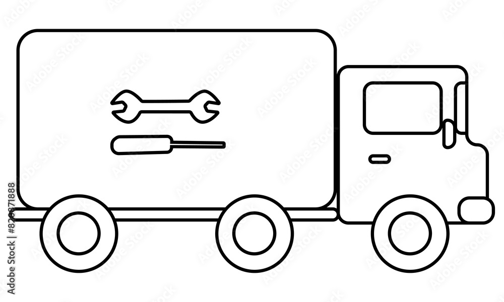 Repairman's van, outline machine for children's creativity and activity, Doodle coloring page with a vehicle Repairman's van, outline machine for children's creativity and activity, Doodle coloring page with a vehicle