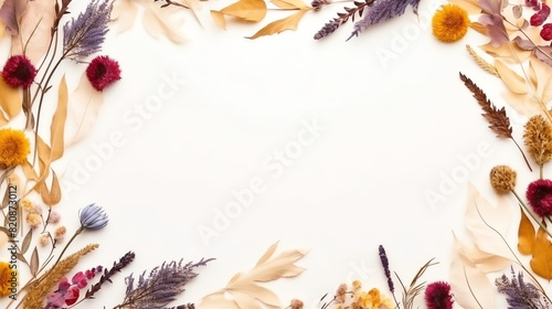 Beautiful dried flower arrangement. Festive floral border, perfect for invitations, cards, or seasonal designs. Blank white background.