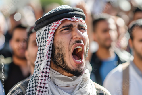 Arab man with a beard yelling. The man is angry and the crowd is also angry © lashkhidzetim