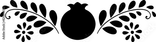 Folk pomegranat floral composition black silhouette. Isolated vector decoration. Use on any background