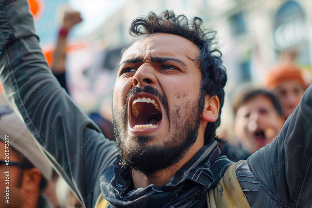 Arab man with a beard yelling. The man is angry and the crowd is also angry