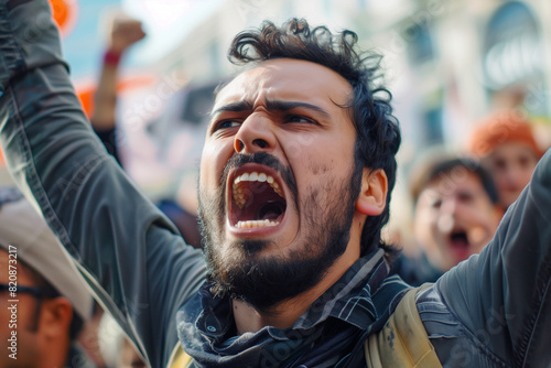 Arab man with a beard yelling. The man is angry and the crowd is also angry photo