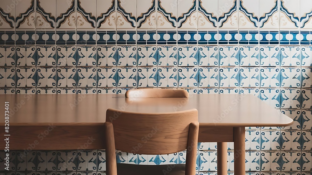 Obraz premium Empty wood table top and blur vintage ceramic tile pattern wall in background mock up template for display of your product