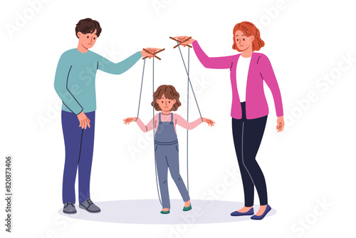 Bad parents manipulate child using strings of puppeteers to raise unhappy daughter. Married couple manipulate kid, causing negative impact on psyche and destroying little girl future.