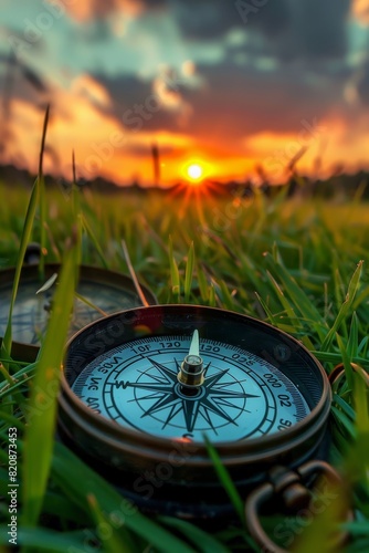 Compass in the grassy field, sunrise backdrop, guiding towards a new day ahead