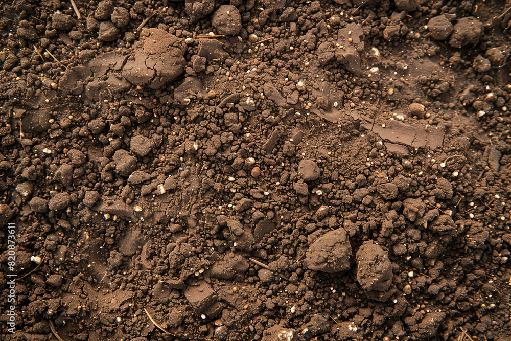 A close up of dirt with a few rocks in it. The dirt is brown and the rocks are scattered throughout the area A close up of dirt with a few rocks in it. The dirt is brown and the rocks are scattered throughout the area