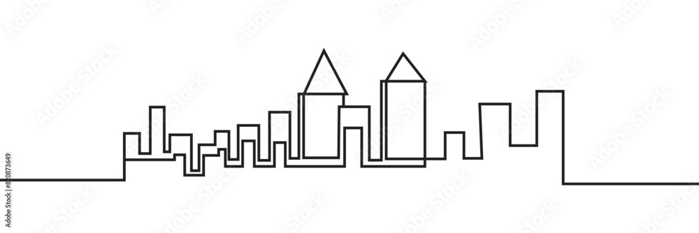 Fototapeta premium Continuous line city building. One single outline cityscape continuous construction. Editable stroke Vector illustration Building background. EPS 10