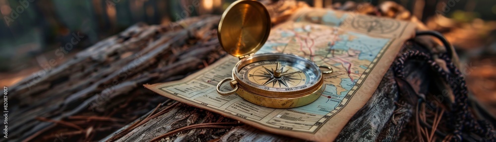 A casual day in the park with a compass and hiking map on bench, people walking dogs around A casual day in the park with a compass and hiking map on bench, people walking dogs around
