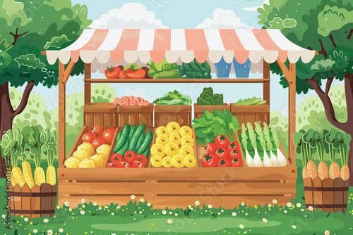 A cartoon drawing of a vegetable stand with a variety of produce including carrots  tomatoes  and cucumbers