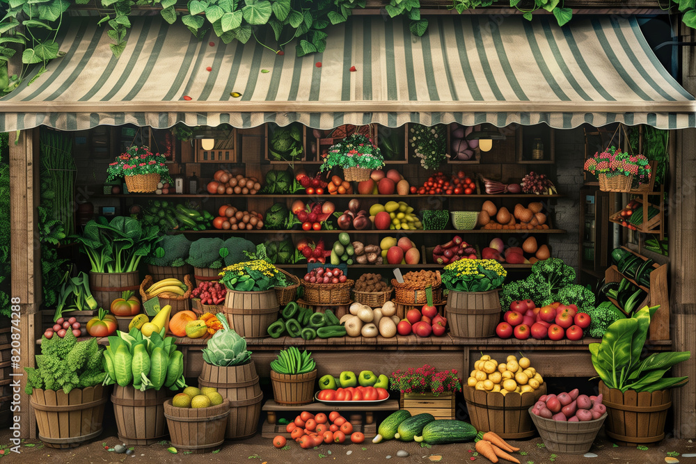 A cartoon drawing of a vegetable stand with a variety of produce including carrots, tomatoes, and cucumbers A cartoon drawing of a vegetable stand with a variety of produce including carrots, tomatoes, and cucumbers