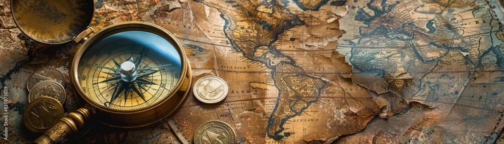 Obraz premium Ancient world map features a compass, magnifying glass, and old coins nearby