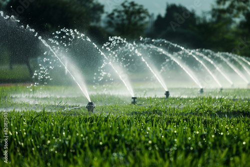 A field of grass with sprinklers in the background