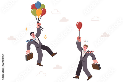 Competition businessmen flying balloons in attempt to overtake opponent and first to reach goal